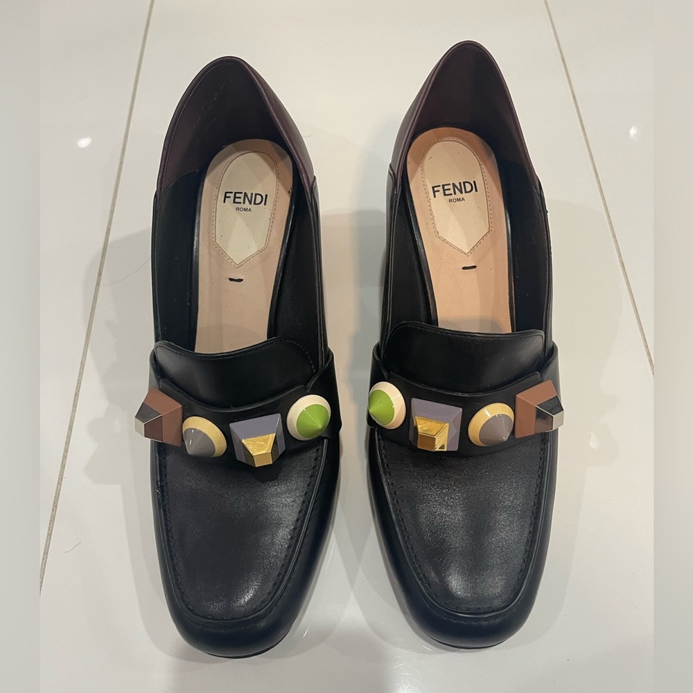 Fendi Black/Brown Leather Rainbow Studded Loafer Pumps